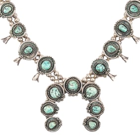 Vintage Navajo Sterling Turquoise Squash Blossom Necklace