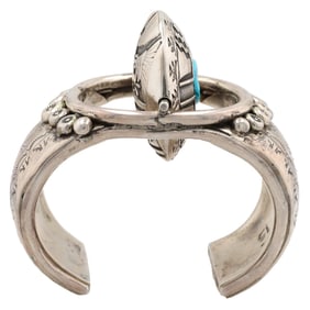 Leander Nezzie Navajo Sterling Spinner Reversible Turquoise Storyteller Cuff Bracelet