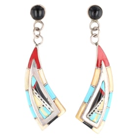 Vintage Zuni Sterling Multi Stone Inlay Earrings