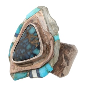 Rare! Jesse Monongya Hopi Sterling Turquoise Inlay Ring Sz 6