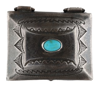 Vintage Navajo Sterling Turquoise Stamped Pill Box