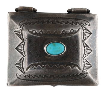 Vintage Navajo Sterling Turquoise Stamped Pill Box: Vintage Navajo Sterling Turquoise Stamped Pill Box | Materials: Sterling, Turquoise | Weight: 11.3g | Notes: Bottom of box lightly inscribed with a handwritten 'M' or 'W'. Inside of box is inscribed '