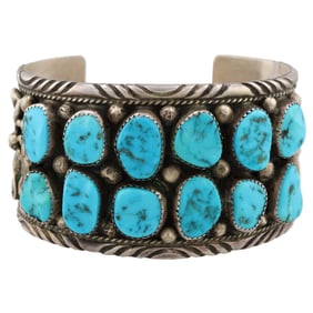 Signed FW Navajo Sterling Turquoise Cluster Cuff Bracelet