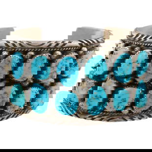 Signed FW Navajo Sterling Turquoise Cluster Cuff Bracelet: Signed 'FW' Navajo Sterling Turquoise Cluster Cuff Bracelet | Materials: Sterling, Turquoise | Weight: 97.1g
