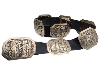 Floyd Becenti Jr. Navajo Wounded Knee Massacre Sterling Concho Belt: INCREDIBLE! Floyd Becenti Jr. Navajo Wounded Knee Massacre Sterling Concho and Leather Belt | Weight: 865g | Measurements: Overall belt length is approximately 51 inches. Each belt piece is approximat