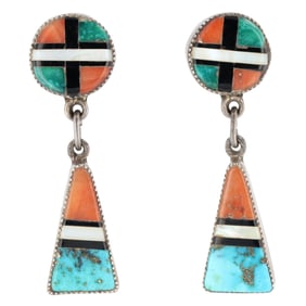 Vintage Zuni Sterling Multi Stone Inlay Dangle Earrings