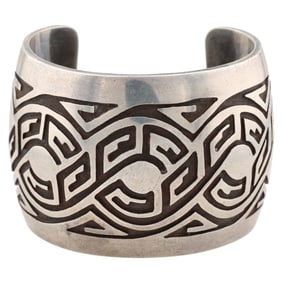 Vintage Hopi Sterling Overlay Maze Cuff Bracelet