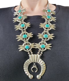 Signed WT Navajo Sterling Spiderweb Turquoise Squash Blossom Necklace