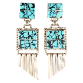 Signed LP Navajo Sterling Spiderweb Turquoise Inlay Dangle Earrings