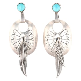 Navajo Sterling Turquoise Concho Feather Dangle Earrings