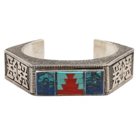 Vintage Navajo Sterling Cast Multi Stone Inlay Cuff Bracelet