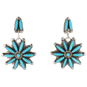 Corbet Joe Navajo Sterling Turquoise Needlepoint Dangle Earrings