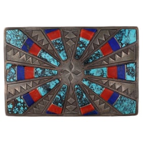 Danny Clark Navajo Sterling Stamped Raised Inlay Belt Buckle