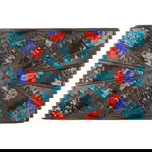 Danny Clark Navajo Sterling Stamped Raised Inlay Belt Buckle: Danny Clark Navajo Sterling Stamped Raised Inlay Belt Buckle | Materials: Sterling, Spiderweb Turquoise, Coral, Lapis Lazuli | Weight: 71g