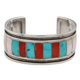 Ed & Pablita Quam Zuni Sterling Multi Stone Inlay Cuff Bracelet
