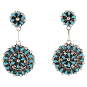 Tricia Leekity Zuni Sterling Kingman Turquoise Cluster Dangle Earrings