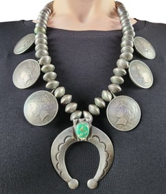 482g! Navajo Mercury Dime and 1920's Walking Liberty Dollar Coin Sterling Turquoise Squash Blossom