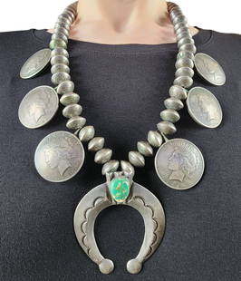 482g! Navajo Mercury Dime and 1920's Walking Liberty Dollar Coin Sterling Turquoise Squash Blossom: Amazing - Vintage Navajo Mercury Dime and 1920's Walking Liberty Dollar Coin Sterling Turquoise Squash Blossom Necklace | Materials: Sterling, Mercury Dimes, Walking Liberty Half Dollars, Turquoise, S