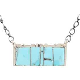 Steve Francisco Navajo Sterling Kingman Turquoise Inlay Bar Necklace