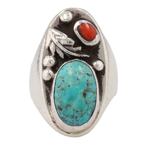 Navajo Sterling Turquoise and Coral Men's Ring Sz 10