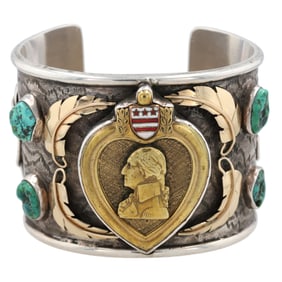 RARE! Signed Navajo Sterling & 14k Gold 'Code Talker' Purple Heart Cuff Bracelet