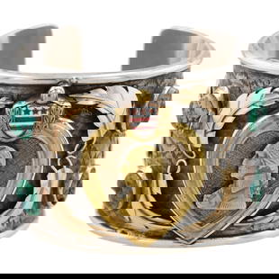 RARE! Signed Navajo Sterling & 14k Gold 'Code Talker' Purple Heart Cuff Bracelet: RARE! Signed Navajo Sterling & 14k Gold 'Code Talker' Purple Heart Turquoise Cuff Bracelet | Materials: Sterling, 14k Gold (the feathers/leaves surrounding the purple heart medal), Turquoise, Purple H