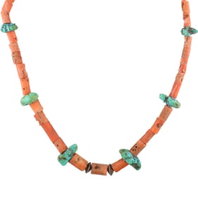 Vintage Santo Domingo Sterling Turquoise Chunk and Coral Necklace