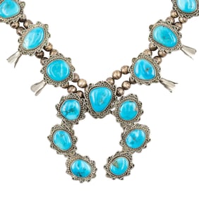 Eddie Secatero Navajo Sterling Turquoise Squash Blossom Necklace