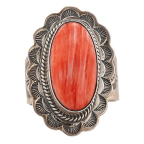 Signed JN Navajo Sterling Spiny Oyster Men's Ring Sz 14