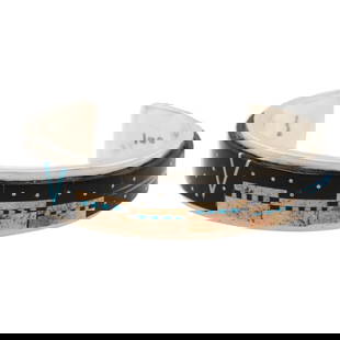 Gilbert Smith Navajo Sterling Multi Stone Inlay Pueblo Cuff Bracelet: Gilbert Smith Navajo Sterling Multi Stone Inlay Pueblo Cuff Bracelet | Materials: Sterling, Onyx/Jet, Turquoise, Coral, Lapis Lazuli, Jasper | Weight: 41.2g