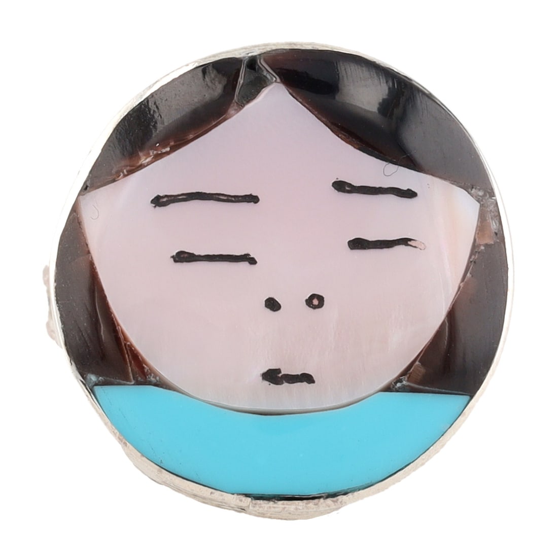 Joyce Waseta Zuni Sterling Multi Stone Inlay Olla Maiden Face Ring Sz 6: Joyce Waseta Zuni Sterling Multi Stone Inlay Olla Maiden Face Ring Sz 6Materials: Sterling, Onyx, Mother of Pearl, TurquoiseWeight: 5.6g