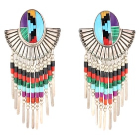 Navajo Sterling Multi Stone Concho Fringe Earrings