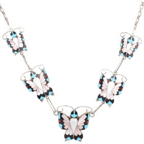 Alison Dishta Zuni Sterling Multi Stone Inlay Butterfly Necklace