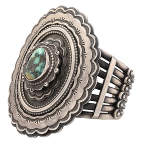 Wow! Wallace Yazzie Jr. Navajo Hand Stamped Sterling Turquoise Cuff Bracelet