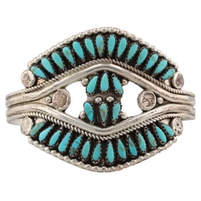 Signed JY Navajo Sterling Turquoise Petit Point Cuff Bracelet