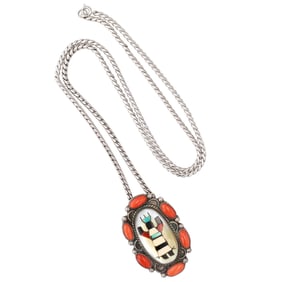 Signed FD Navajo Sterling Multi Stone Inlay Gaan Dancer Necklace