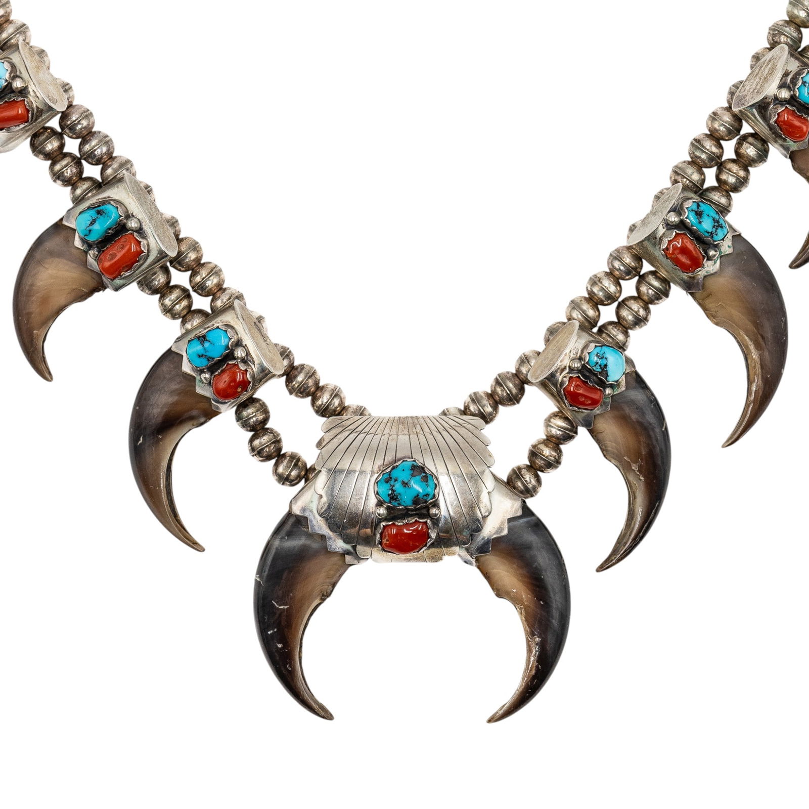 Vintage Navajo Sterling Turquoise Coral Bear Claw Necklace (1 of 7)