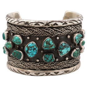 Signed LA Navajo Sterling Turquoise Chunk Cuff Bracelet