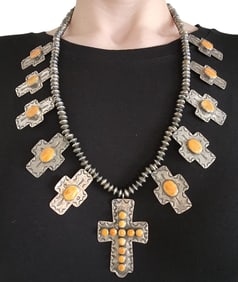 Vintage Navajo Sterling Hand Stamped Spiny Oyster Cross Necklace