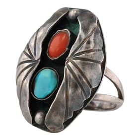 Vintage Navajo Sterling Turquoise Coral Shadowbox Ring Sz 7.5