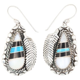 Leonard Burnside Navajo Sterling Multi Stone Inlay Earrings