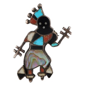 Vintage Zuni Sterling Apache Crown Dancer Inlay Brooch