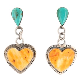 Signed TL Navajo Sterling Turquoise Spiny Oyster Dangle Earrings