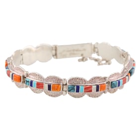 Signed TW Navajo Sterling Textured Multi Stone Inlay Link Bracelet