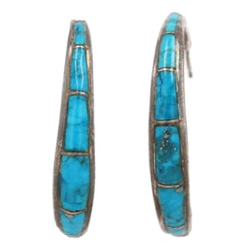 Vintage Navajo Sterling Turquoise Inlay Hoop Earrings