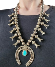 Vintage Navajo Handmade Stamped Sterling Turquoise Squash Blossom Necklace