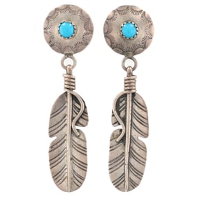 Signed VP Navajo Sterling Turquoise Feather Dangle Earrings