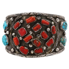 T. McCray Navajo Sterling Coral Turquoise Cuff Bracelet