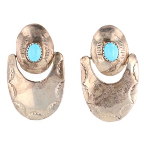 Daisy Brown Navajo Sterling Stamped Turquoise Drop Earrings