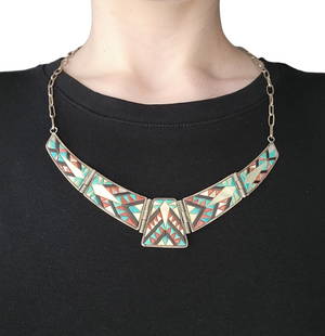 Navajo Sterling Cobblestone Inlay Necklace: Vintage Navajo (possibly Zuni or Santo Domingo) Sterling Cobblestone Inlay Hinge Necklace | Materials: Sterling, Coral, Turquoise, Mother of Pearl, Jet/Onyx | Weight: 39.9g | Notes: The consignor repo